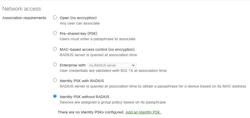 Read more about the article No Radius server for WiFi authentication? No problem, Meraki offers Identity PSK without Radius.