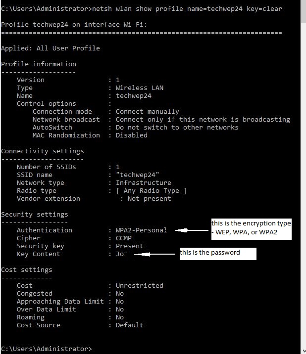 netsh wlan command to see details of saved wifi networks