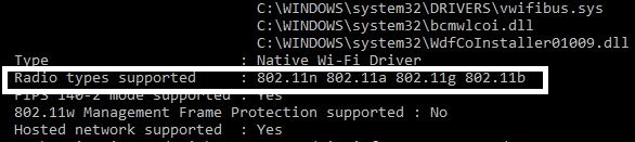 netsh wlan command showing supported wifi types. 