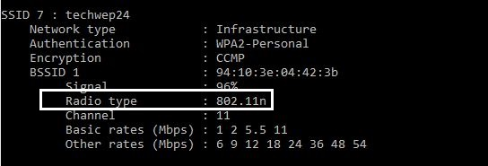 netsh wlan command showing radio type.