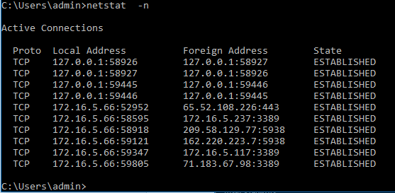 netstat showing the remote IP addresses in the session