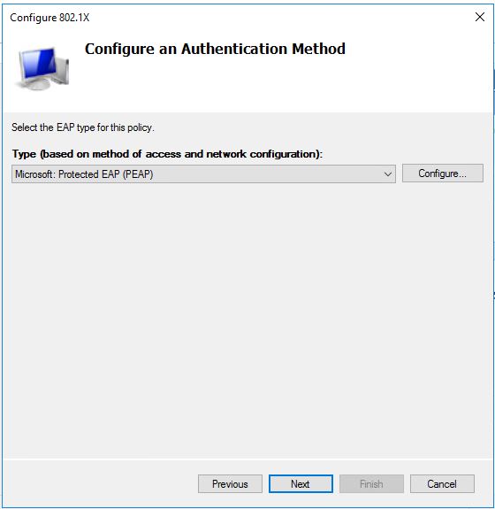 Windows NPS setup. Selecting PEAP protocol